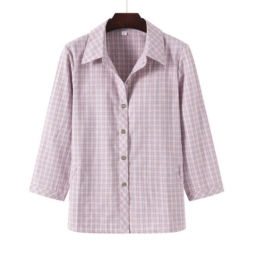 妈妈棉格子衬衫长袖时尚小衫女士春秋新款洋气翻领中老年奶奶上衣