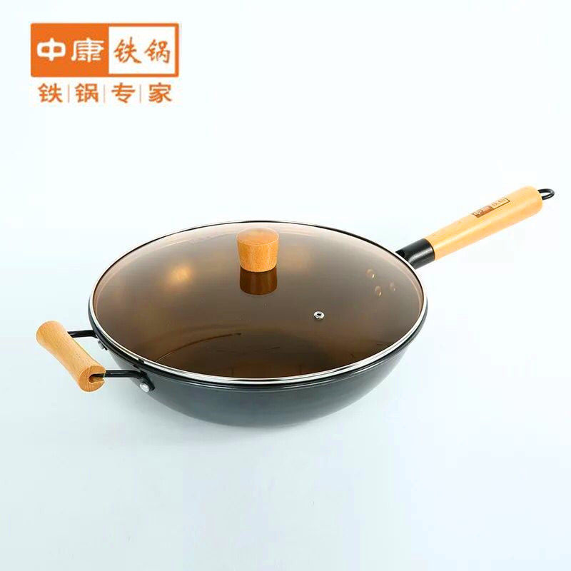 中康铁锅不粘炒锅老式手工木柄不生锈无涂层铸铁平底锅家用炒菜锅