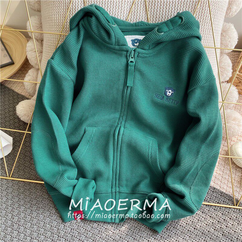 아동 봄 가을 재킷 2024 새 소년 후드 와플 카디건 솔리드 컬러 캐주얼 다목적 스웨터 재킷 유행