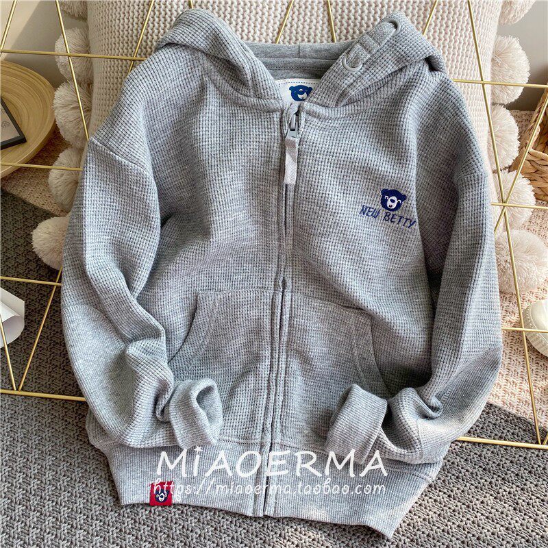 아동 봄 가을 재킷 2024 새 소년 후드 와플 카디건 솔리드 컬러 캐주얼 다목적 스웨터 재킷 유행