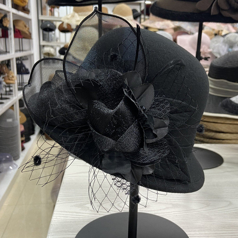 新款帽子女秋冬羊毛呢礼帽纱花帽英伦复古盆帽时尚百搭时装帽韩版