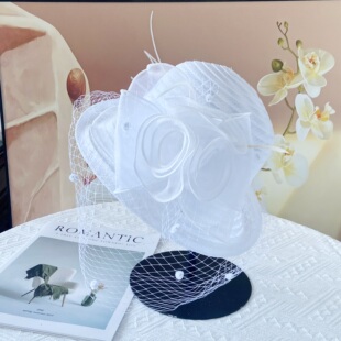 新款春夏季遮阳网纱帽时尚百搭户外透气遮脸花朵帽子女士复古礼帽
