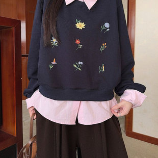 实拍特价假两件卫衣女新款加绒秋冬卡通刺绣花宽松POLO领保暖上衣