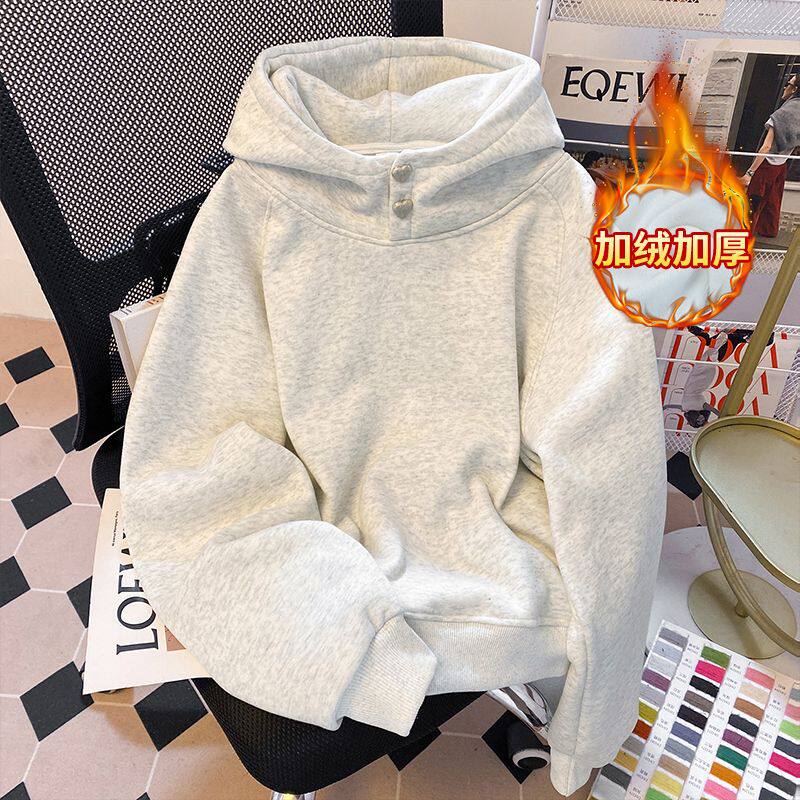 美式复古灰色连帽卫衣女秋冬季加绒加厚宽松慵懒风高级感潮牌上衣