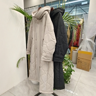 保暖通勤复古棉服外套女 长款 连帽双排扣填充羊毛 羊驼绒宽松大码