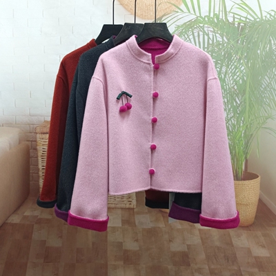 新中式国风百搭短款小个子双面羊绒大衣女立领盘扣超细羊毛呢外套