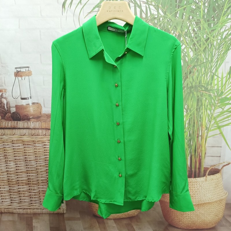 宠粉特惠03双绉真丝长袖衬衫女夏绿色简约单排扣直筒型桑蚕丝上衣