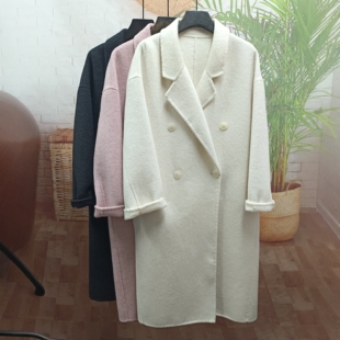 2025年秋冬特惠新款粉色慵懒风毛呢外套双排扣西装领双面呢大衣女