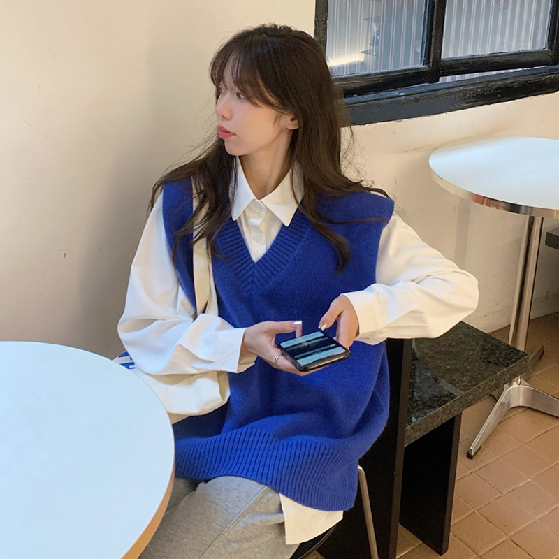 克莱因蓝马甲针织衫女春秋2026新款V领宽松叠穿上衣外穿毛衣背心