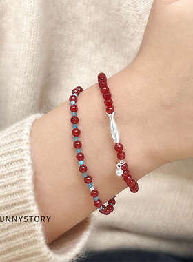上岸！AFunny Story精致显白红玛瑙纯银新款撞色复古百搭弹力手链
