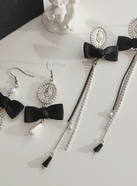 芭蕾舞曲.A Funny Story复古黑色蝴蝶结流苏长款气质不对称耳钉耳