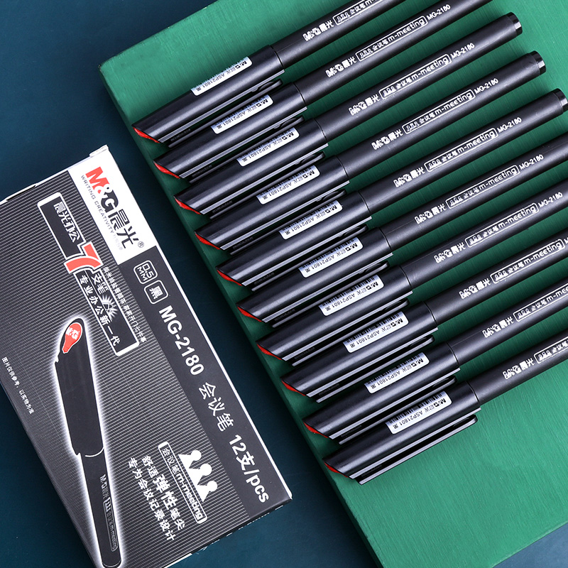 晨光文具会议笔小红帽MG-2180纤维笔头水笔黑色签字笔记录笔 教师批改试卷红笔 学生用美术勾线笔微孔墨水笔