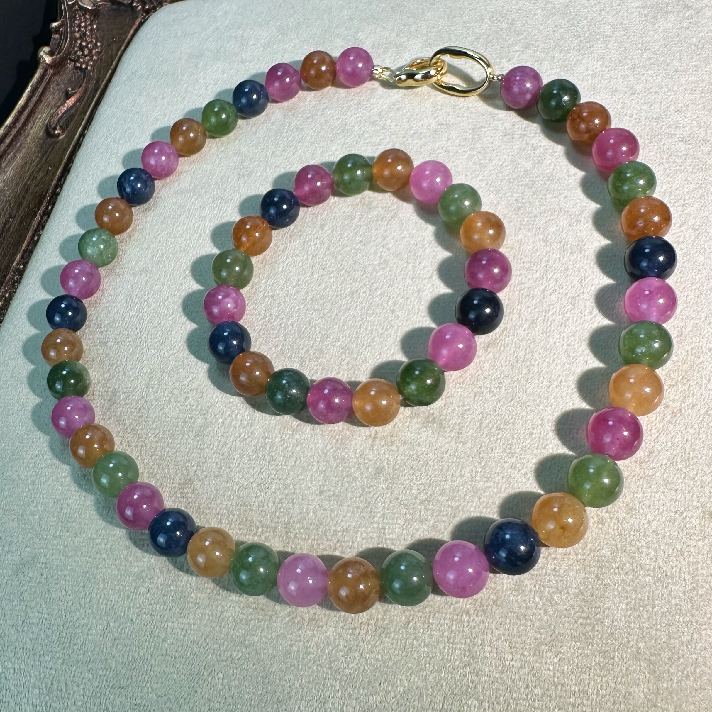 天然玉髓石英质玉彩虹碧玺色手链项链套装女款多宝手串礼物批发