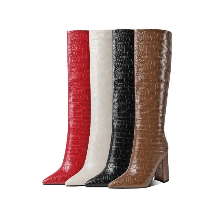 高跟靴尖头大码长筒长靴冬天红靴子女大码拉链真皮百搭粗跟靴