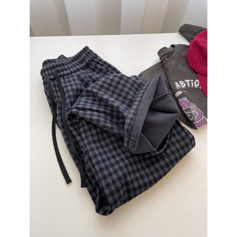 日系复古加绒保暖格子阔腿裤女秋冬季休闲显瘦宽松直筒裤长裤子潮