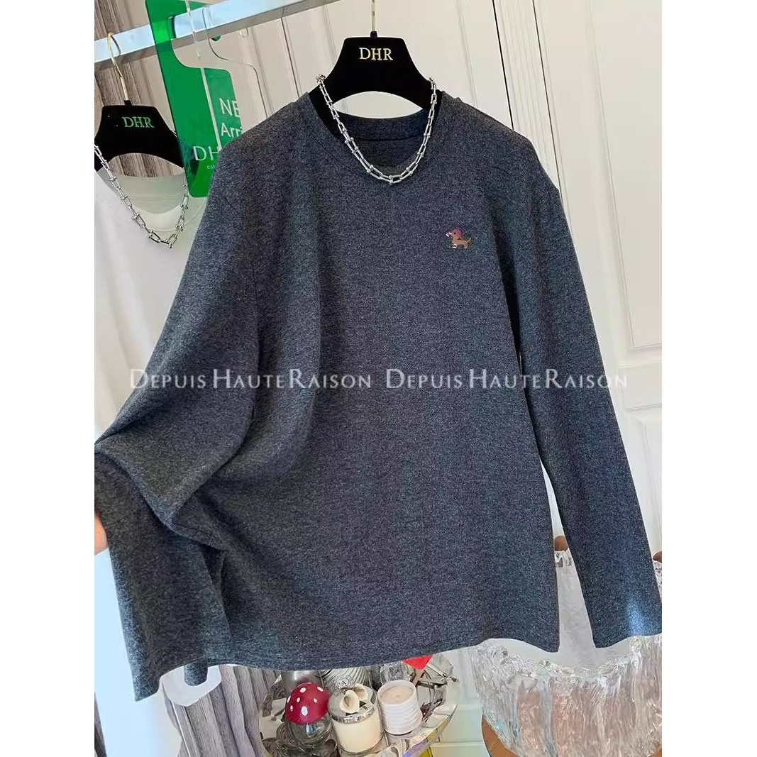 特大码300斤韩版小狗刺绣磨毛长袖t恤女秋冬季德绒打底衫内搭上衣