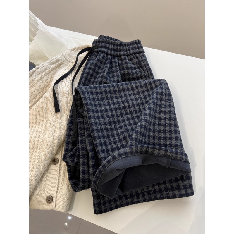 韩版复古百搭直筒休闲裤女胖MM宽松加绒保暖长裤子减龄洋气秋冬潮