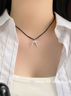 S925纯银日韩ins蝴蝶结抽拉项链简约甜酷穿搭颈链可调节黑绳