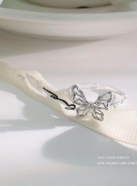 S925银个性小众肌理蝴蝶戒指女新款个性风潮ins甜辣风爆款