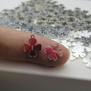 s925纯银串珠DIY饰品配件四叶草孔珠挂件手链吊坠可刻字银牌吊坠