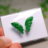 L181一对满色辣绿缅甸天然A货翡翠蝴蝶翅膀 镶嵌胸针吊坠裸石