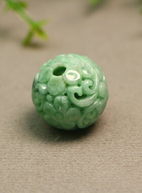 #C931 满绿天然A货翡翠镂空龙纹雕花大圆珠子