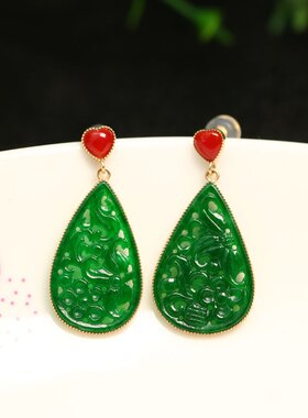 #D741一对18K金搭配有机红宝镶嵌满绿天然A货翡翠水滴耳坠