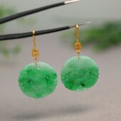 C415 18K金镶嵌阳绿天然A货翡翠吉庆有余圆形雕花耳坠耳环