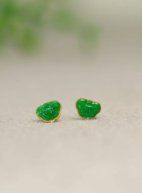 #K397 18K金耳针镶嵌冰种辣绿缅甸天然A货翡翠如意耳钉