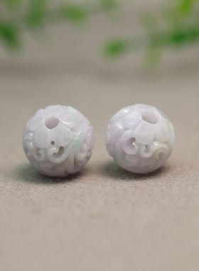 #I992紫色缅甸天然A货翡翠镂空雕花珠子 梅花圆珠佛珠