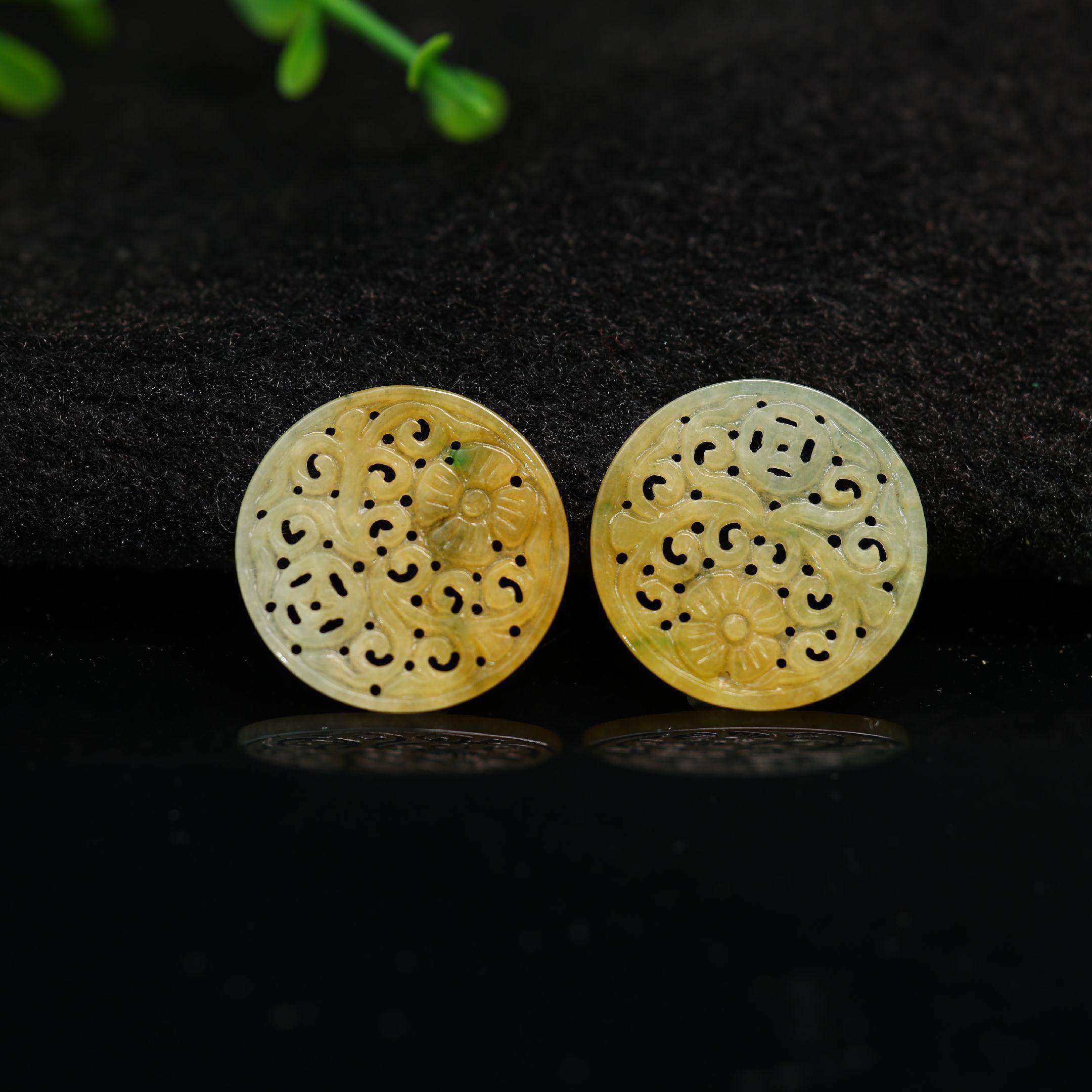 #K095一对冰黄缅甸天然A货黄翡翡翠镂空雕花圆形耳坠花片裸石,珠宝/钻石/翡翠,翡翠裸石/蛋面,淘宝优惠券,粉丝福利购,淘宝优惠卷