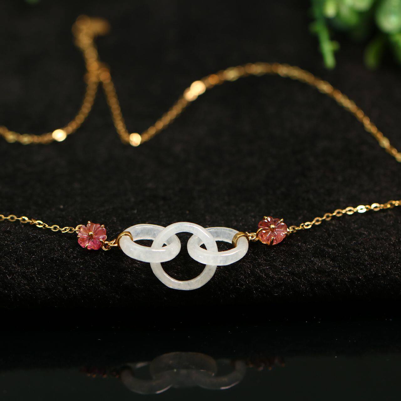 #8372 18K金加天然碧玺镶嵌冰种天然A货翡翠三连环锁骨项链吊坠