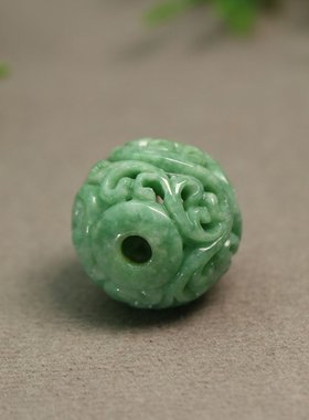 #C271满色果绿天然A货翡翠镂空龙纹雕花大圆珠子佛珠顶珠