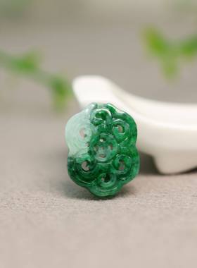 #K652辣绿缅甸天然A翡翠镂空雕花钱币纹中国结背云 有通天孔