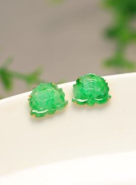 #M482 18K金冰种阳绿缅甸天然A货翡翠莲花耳钉莲蓬小花耳饰