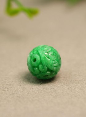 #F110 14.5MM满色阳绿天然A货翡翠龙纹雕花圆珠子 佛珠顶珠