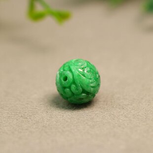 佛珠顶珠 14.5MM满色阳绿天然A货翡翠龙纹雕花圆珠子 F110