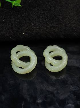 #K542一对老和田白玉雕花两连环 镶嵌耳坠裸石