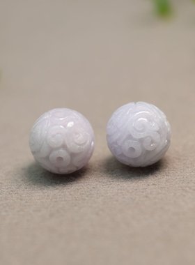 #I181一对淡紫色天然A货翡翠雕花珠子 15MM团寿龙纹圆珠顶珠