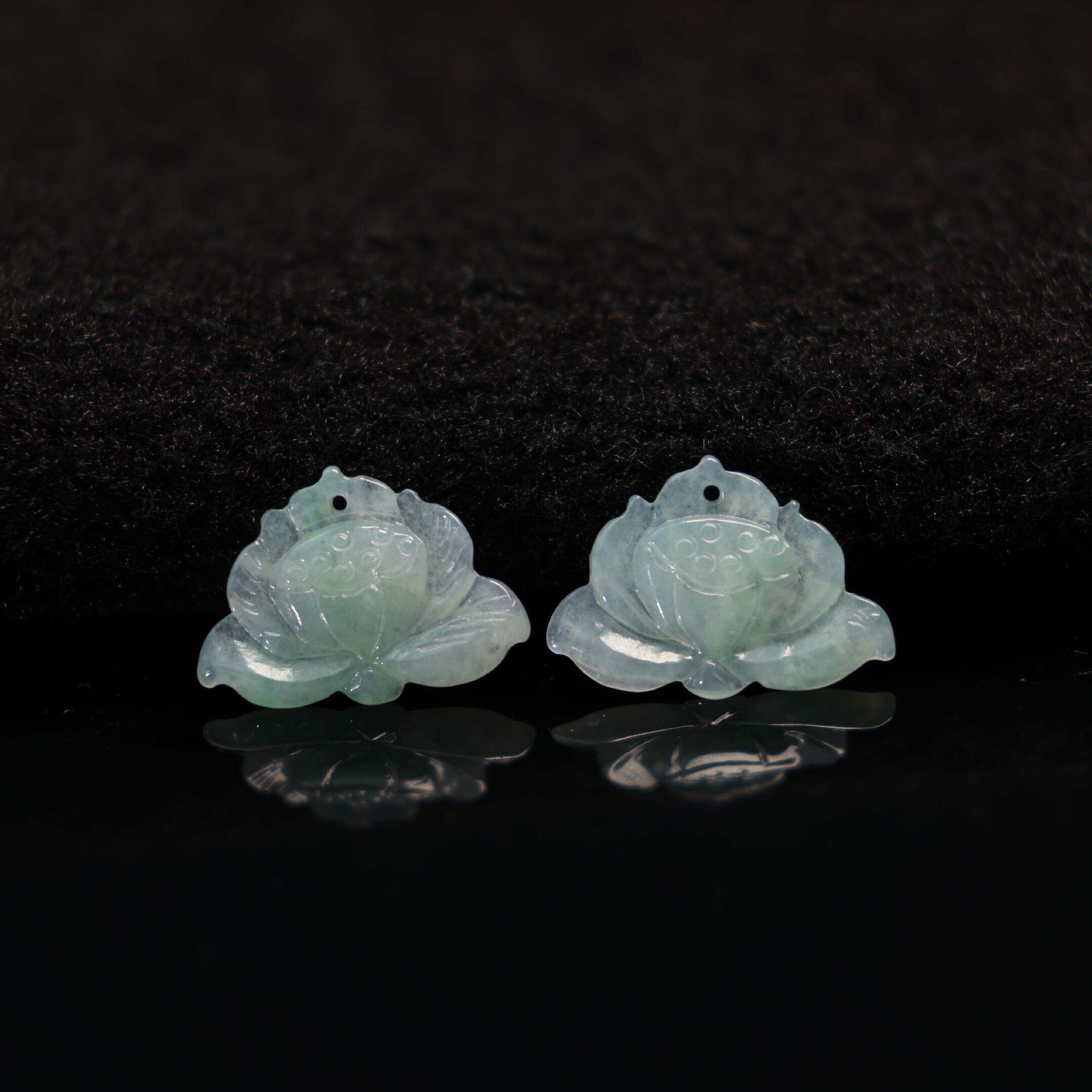 #H568一对冰种淡绿色天然A货翡翠莲蓬莲小花耳坠耳钉花片裸石