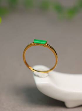 #L154 18K金镶嵌满绿缅甸天然A货翡翠方形柱条戒指时尚女戒