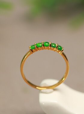 #D592 18K金镶嵌冰种满绿天然A货翡翠蛋面戒指