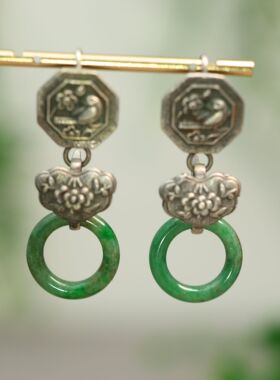 #F475老银镶嵌老坑满绿缅甸天然A货翡翠小环耳坠中国古风耳环耳饰