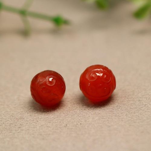 红色天然老玛瑙卷云纹圆珠子