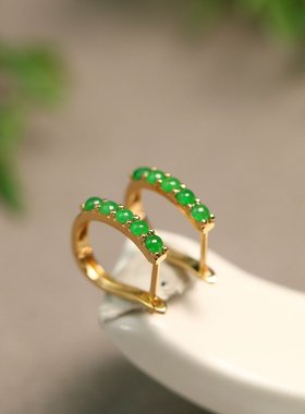 #D756 一对18K金镶嵌老坑冰种满绿天然A货翡翠翡翠蛋面耳钉