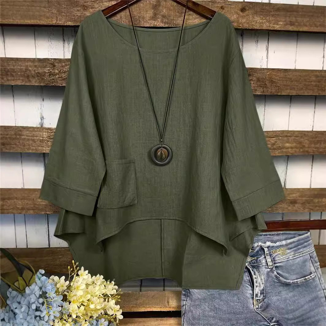 2025外贸亚马逊eBay夏季时尚大码圆领口袋纯色不规则T恤女衬衫ins,女装/女士精品,T恤,淘宝优惠券,粉丝福利购,淘宝优惠卷