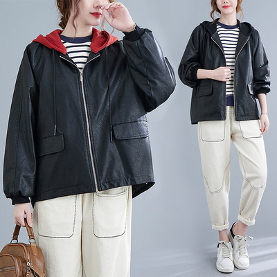 小菲家~撞色连帽皮衣外套秋冬休闲pu宽松夹棉棒球服夹克