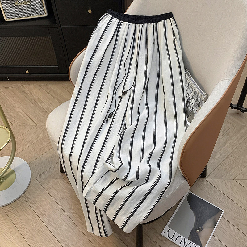 松弛感亚麻条纹抽绳阔腿裤女夏季时尚百搭高腰显瘦休闲直筒裤长裤