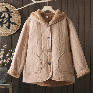 冬季内里羊羔绒保暖棉袄外套女大码胖mm宽松连帽加绒加厚棉衣棉服