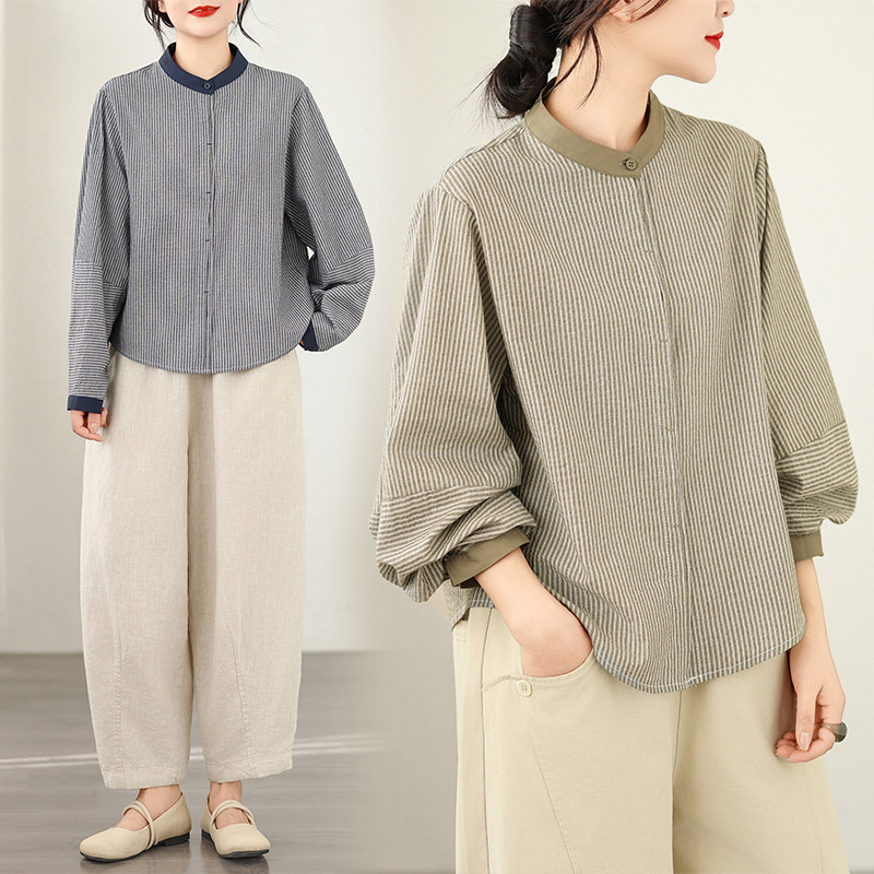 文艺竖条纹棉麻长袖衬衫女春季宽松显瘦设计感撞色立领灯笼袖衬衣